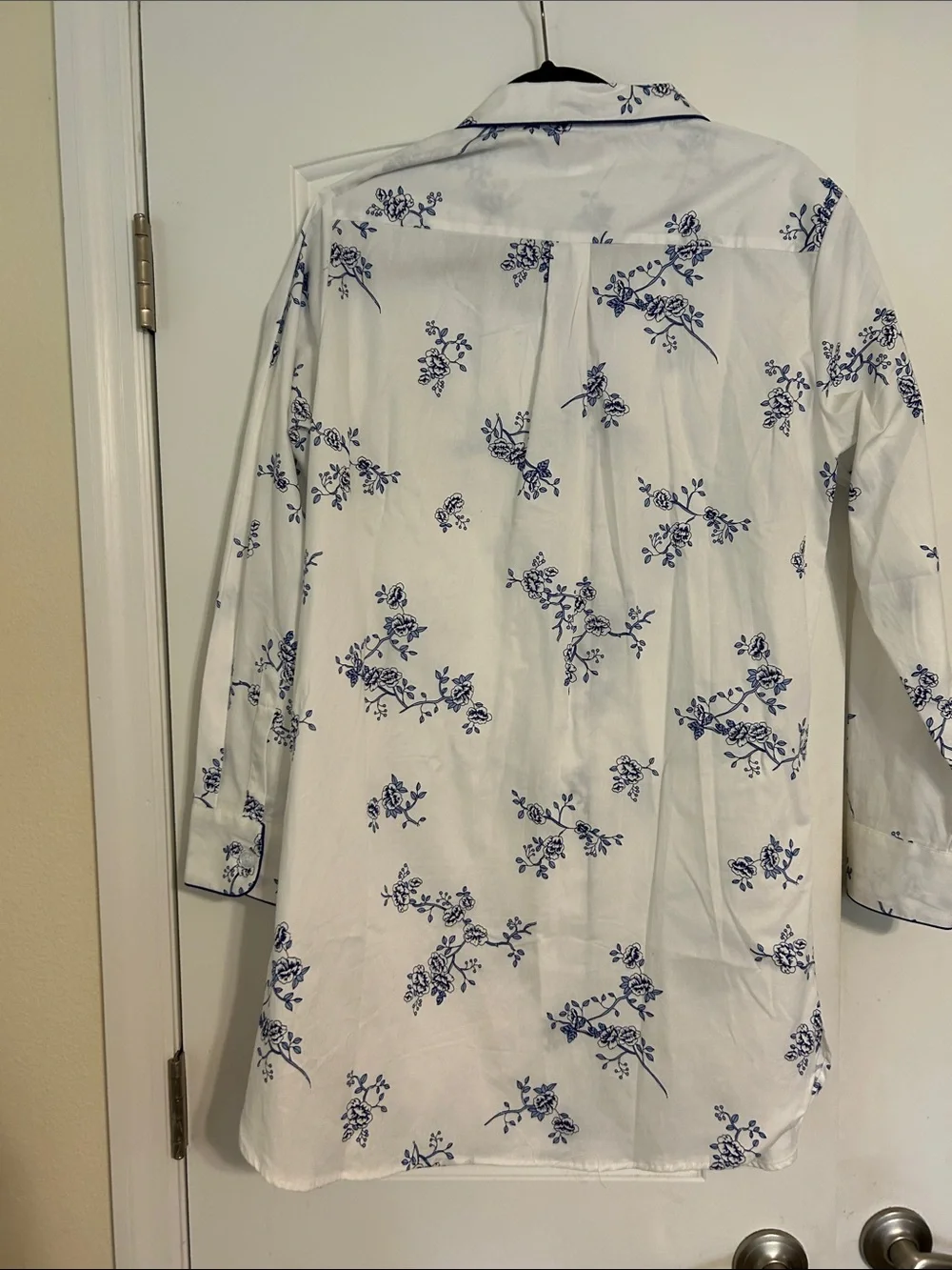 Classic White Nightshirt with Blue Floral Print - Elegant Button-Front Pajama